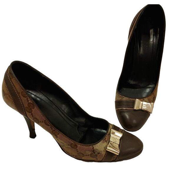 Rare Gucci GG Pumps Heels Sz 6 B BRASS GOLD BOWS Crystal Coated Canvas VINTAGE - Picture 1 of 16